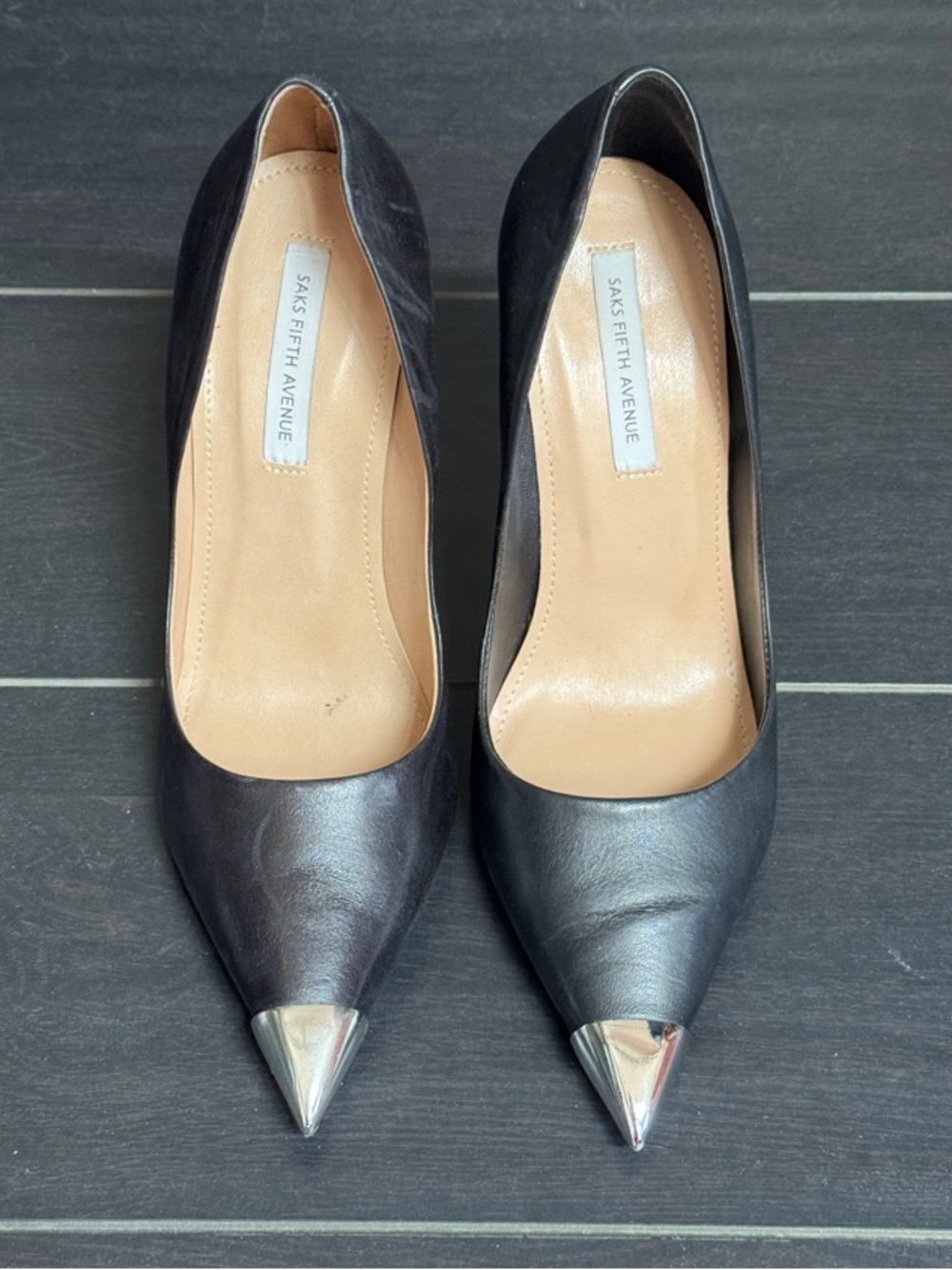 Saks Fifth Avenue Black Leather Pointed Pumps with Silver Toe Caps size 8